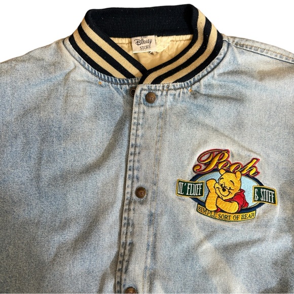 Vintage 90s Disney Winnie the Pooh Varsity Bomber Denim Jean Jacket L - Picture 2 of 10
